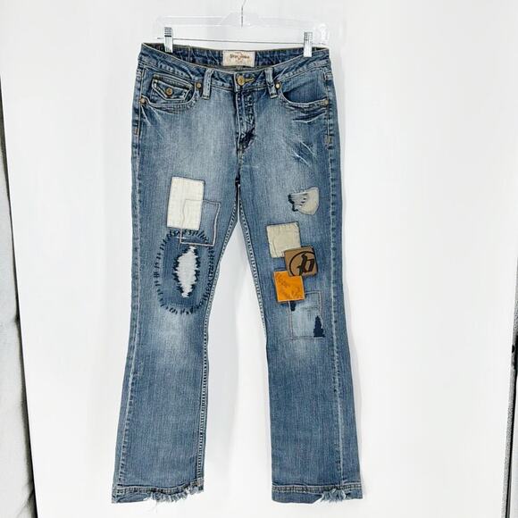 Vintage Pepe London patchwork distressed mid rise flare deans 90s size 30 - Picture 1 of 11